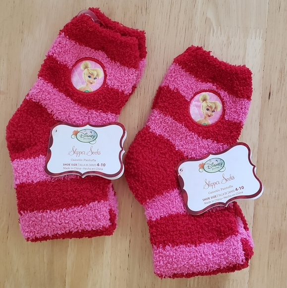 Disney Accessories - Disney Fairies Red and Pink Cozy Striped Slipper Socks.   2 Pair